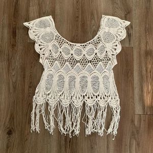 Toto Y2K 90s 80s crochet lace festival scallop tassels top one size S XS